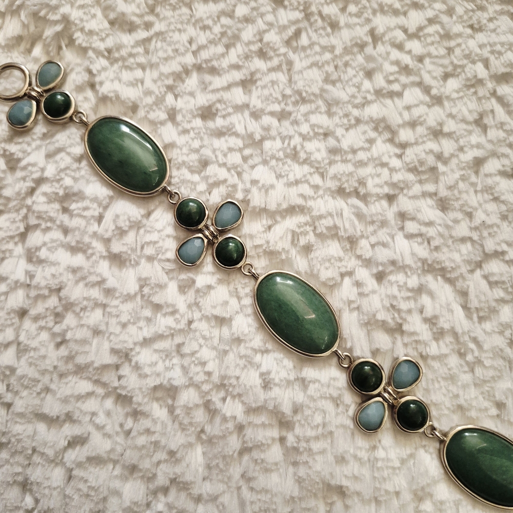 Sterling Silver Floral Jade & Larimar Stone Bracelet - Picture 6 of 10
